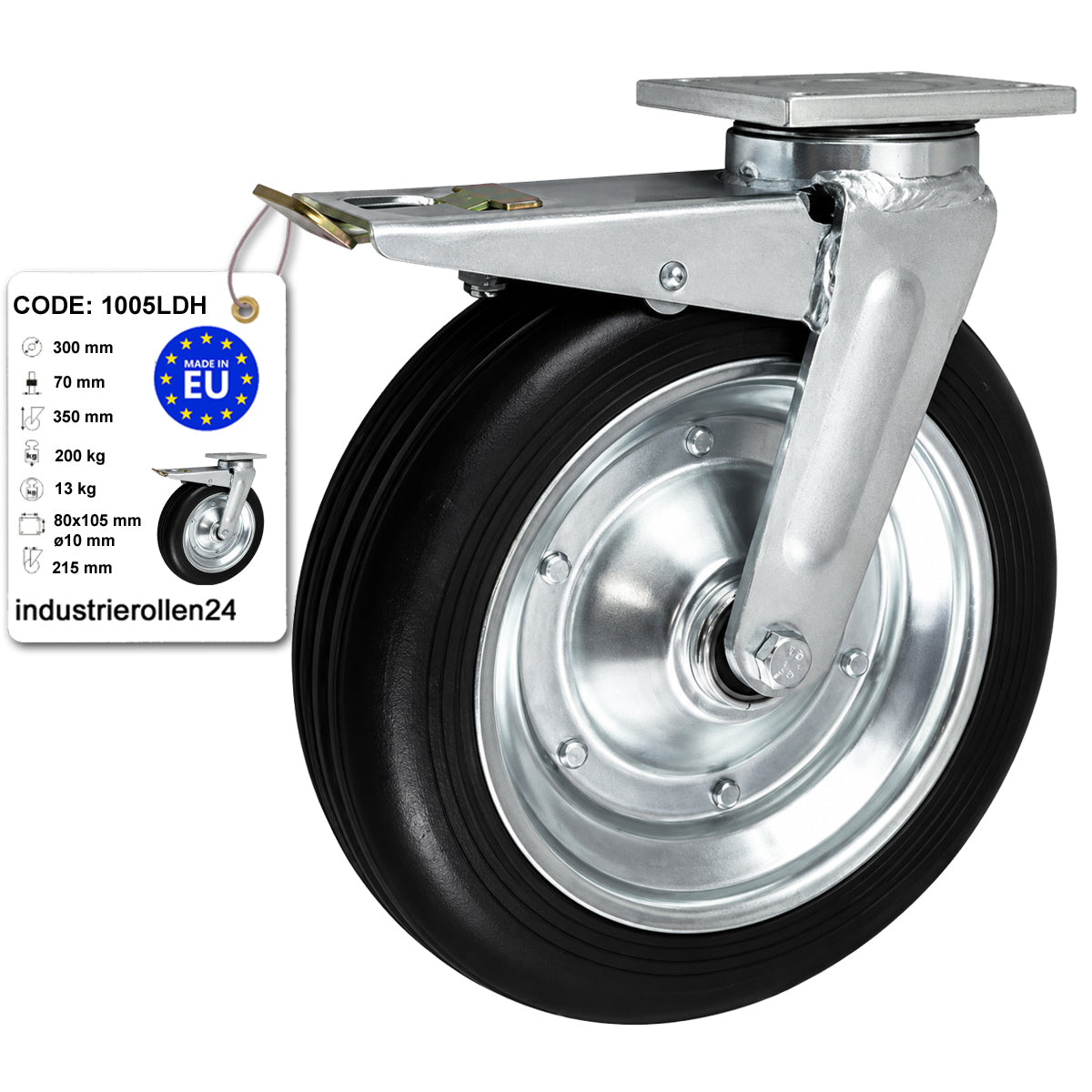 Metall-Gummiräder mit Befestigungsplatte und Bremse Lenkrolle Ø300 mm Code: 1005LDH