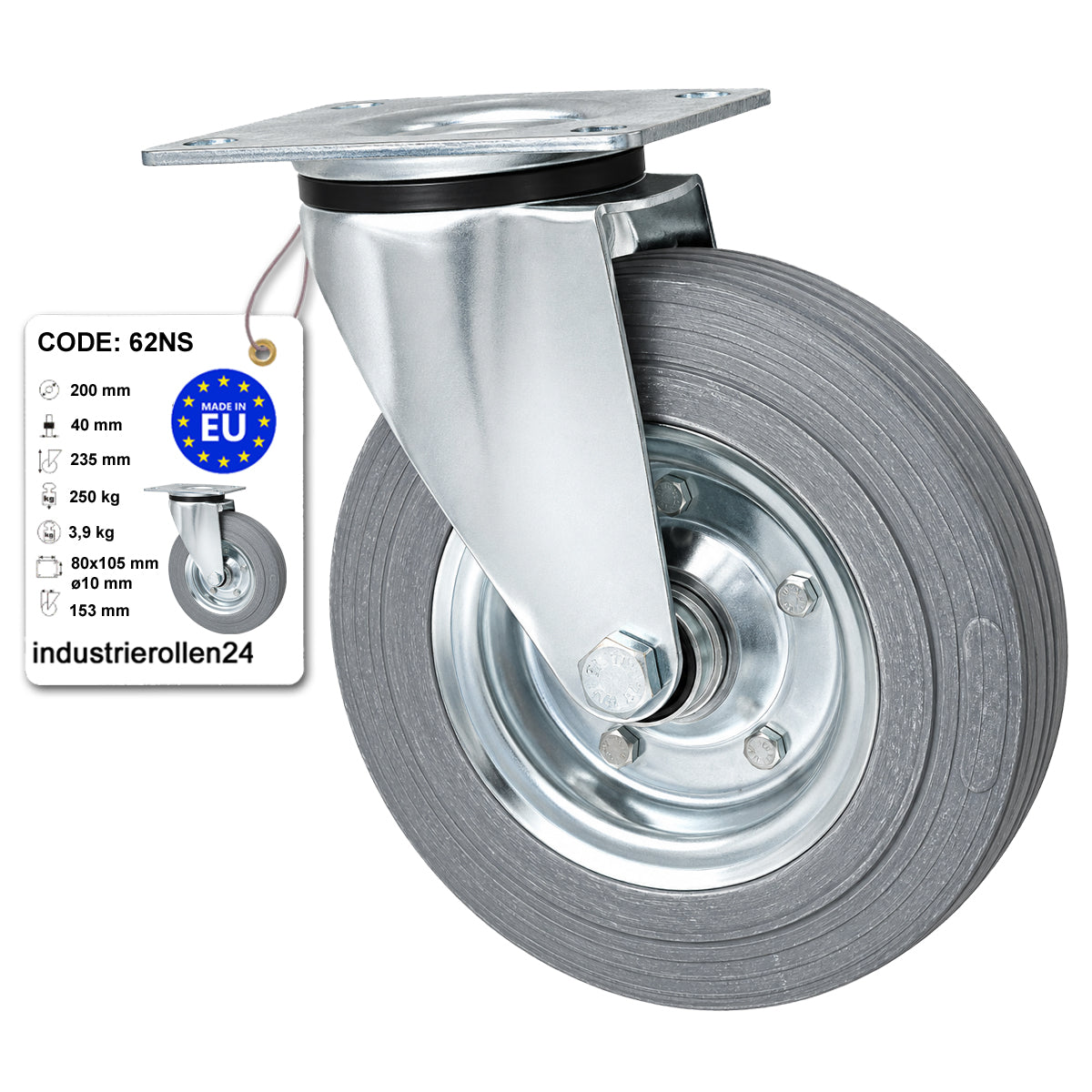 Metall-Gummiräder mit Befestigungsplatte Lenkrolle Ø200 mm mit Platte Code: 62NS