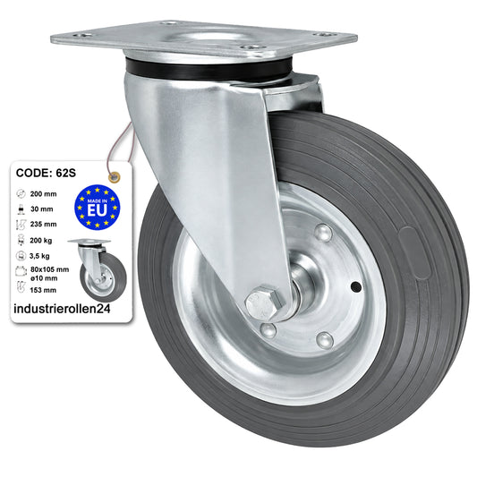 Metall-Gummiräder mit Befestigungsplatte Lenkrolle Ø200 mm mit Platte Code: 62S