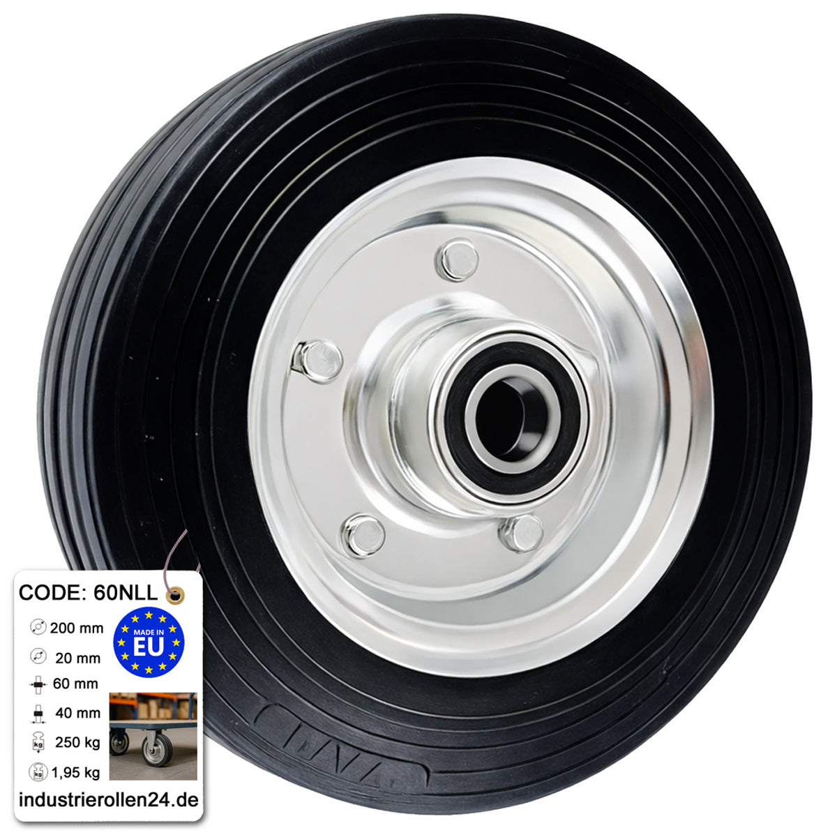 Ersatzrad Ø200 mm – Vollgummi Industrierad mit Kugellager für Transportwagen, Code: 60NLL