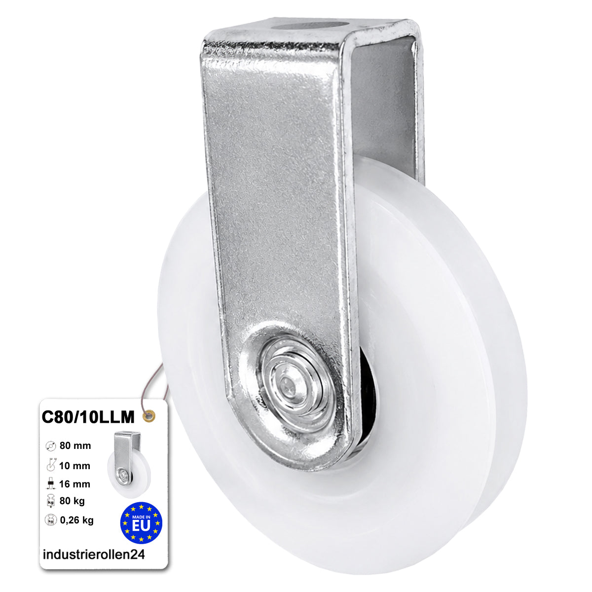 Polyamid Seilrolle Ø80 mm mit Kugellager und Halterung für Seil Ø10: C80/10LLM