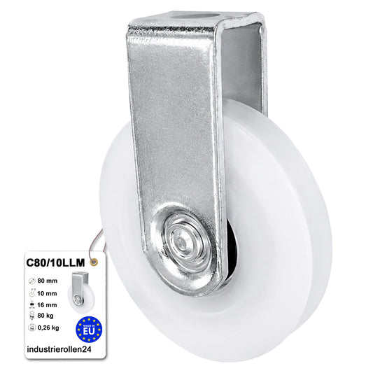 Polyamid Seilrolle Ø80 mm mit Kugellager und Halterung für Seil Ø10: C80/10LLM