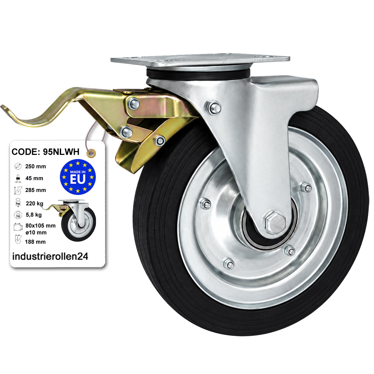 Metall-Gummiräder mit Befestigungsplatte und Bremse Lenkrolle Ø250 mm Code: 95LWH