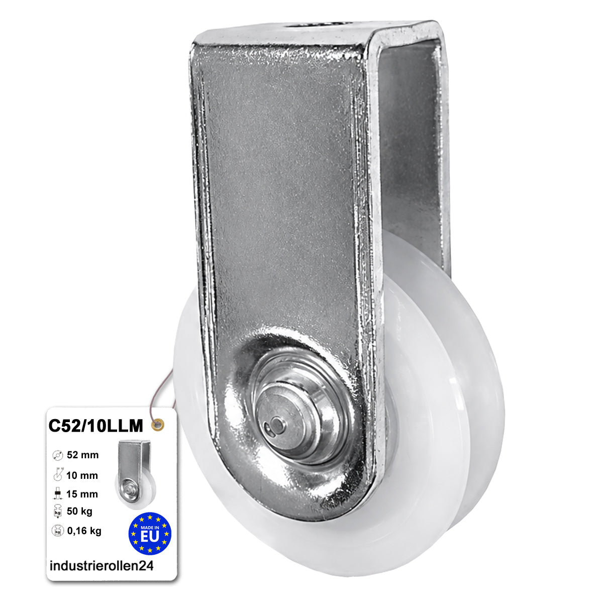 Polyamid Seilrolle Ø52 mm mit Kugellager und Halterung für Seil Ø10: C52/10LLM
