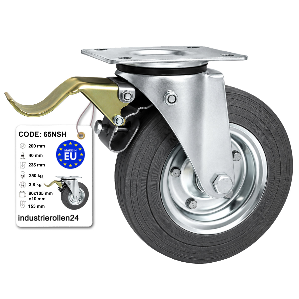 Metall-Gummiräder mit Befestigungsplatte und Bremse Lenkrolle Ø200 mm Code: 65NSH