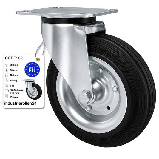 Metall-Gummiräder mit Befestigungsplatte Lenkrolle Ø200 mm mit Platte Code: 62