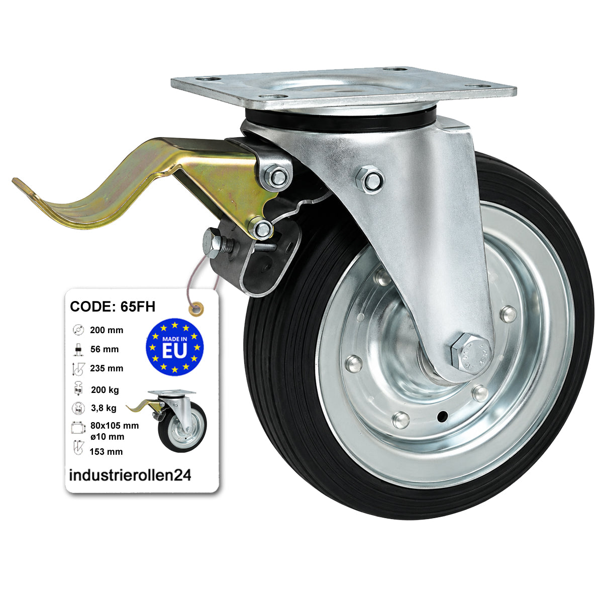 Metall-Gummiräder mit Befestigungsplatte und Bremse Lenkrolle Ø200 mm Code: 65FH