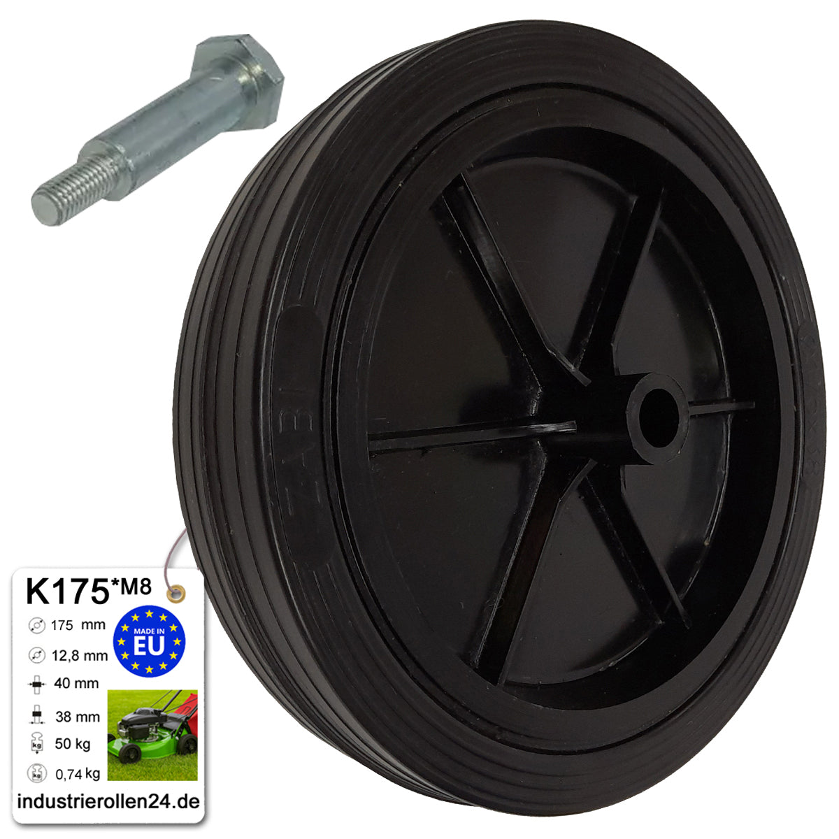 Rasenmäherrad 175 mm – Universal Ersatzrad aus Vollgummi + Montage-Set, Code: K175*M8