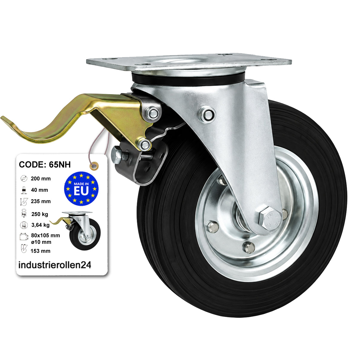 Metall-Gummiräder mit Befestigungsplatte und Bremse Lenkrolle Ø200 mm Code: 65NH