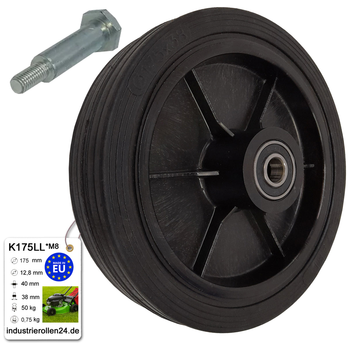 Rasenmäherrad 175 mm – Universal Ersatzrad aus Vollgummi mit Kugellager + Montage-Set, Code: K175LL*M8