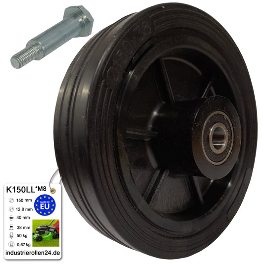 Rasenmäherrad 150 mm – Universal Ersatzrad aus Vollgummi mit Kugellager + Montage-Set, Code: K150LL*M8