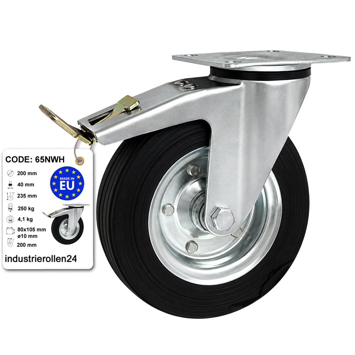 Metall-Gummiräder mit Befestigungsplatte und Bremse Lenkrolle Ø200 mm Code: 65NWH