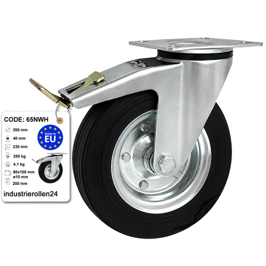 Metall-Gummiräder mit Befestigungsplatte und Bremse Lenkrolle Ø200 mm Code: 65NWH