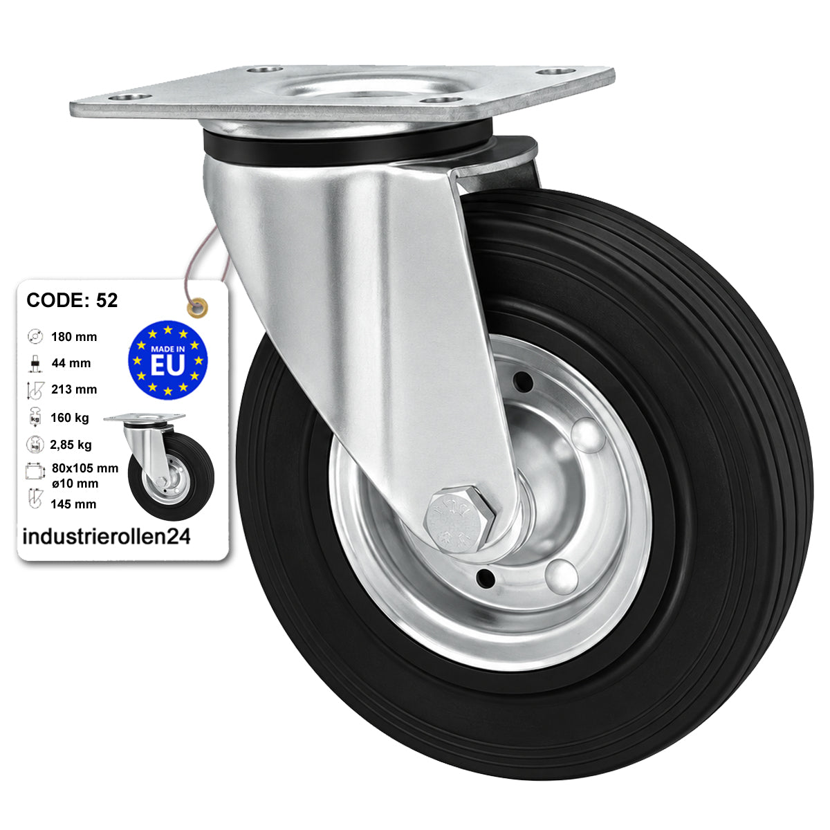 Metall-Gummiräder mit Befestigungsplatte Lenkrolle Ø180 mm mit Platte Code: 52