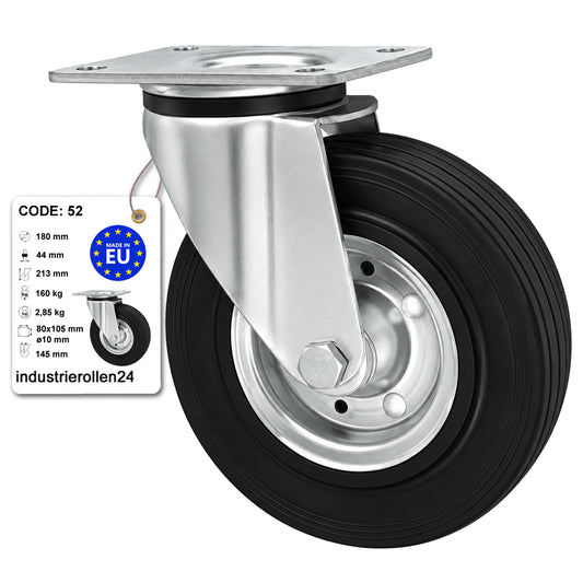 Metall-Gummiräder mit Befestigungsplatte Lenkrolle Ø180 mm mit Platte Code: 52