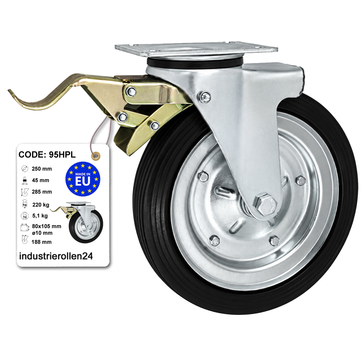 Metall-Gummiräder mit Befestigungsplatte und Bremse Lenkrolle Ø250 mm Code: 95HPL