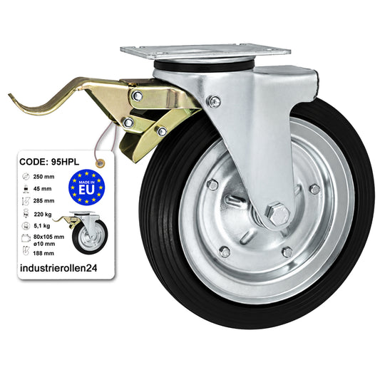 Metall-Gummiräder mit Befestigungsplatte und Bremse Lenkrolle Ø250 mm Code: 95HPL