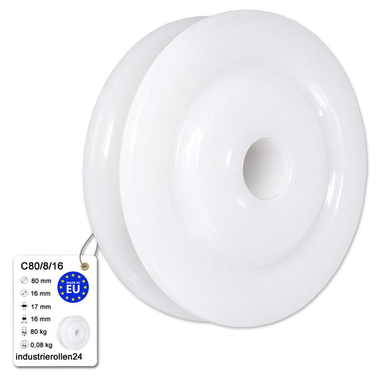 Seilrolle mit Gleitlager Ø80mm Polyamid Kunststoffrolle für Seil Ø8 mm C80/8/16