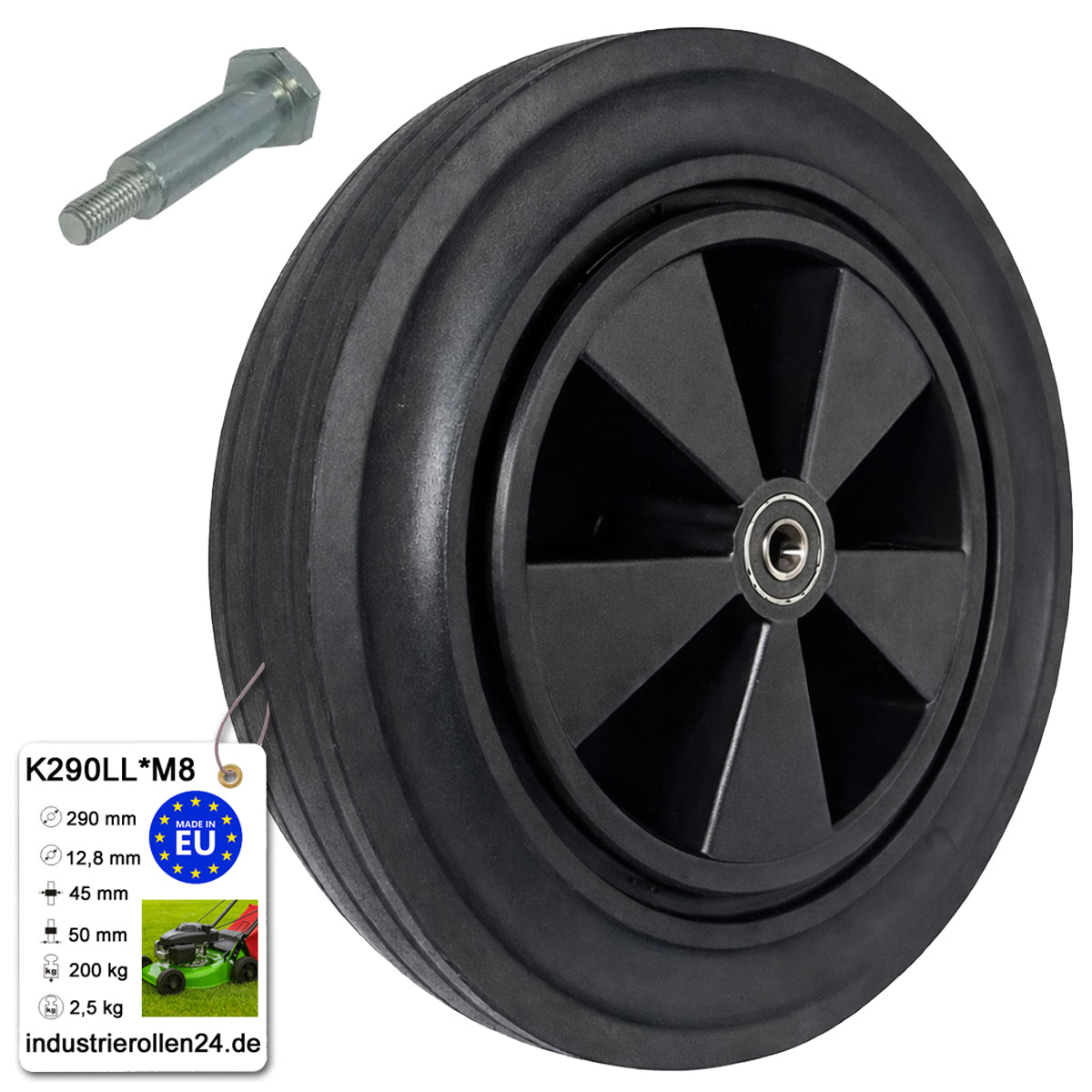 Rasenmäherrad 290 mm – Universal Ersatzrad aus Vollgummi mit Kugellager + Montage-Set, Code: K290LL*M8