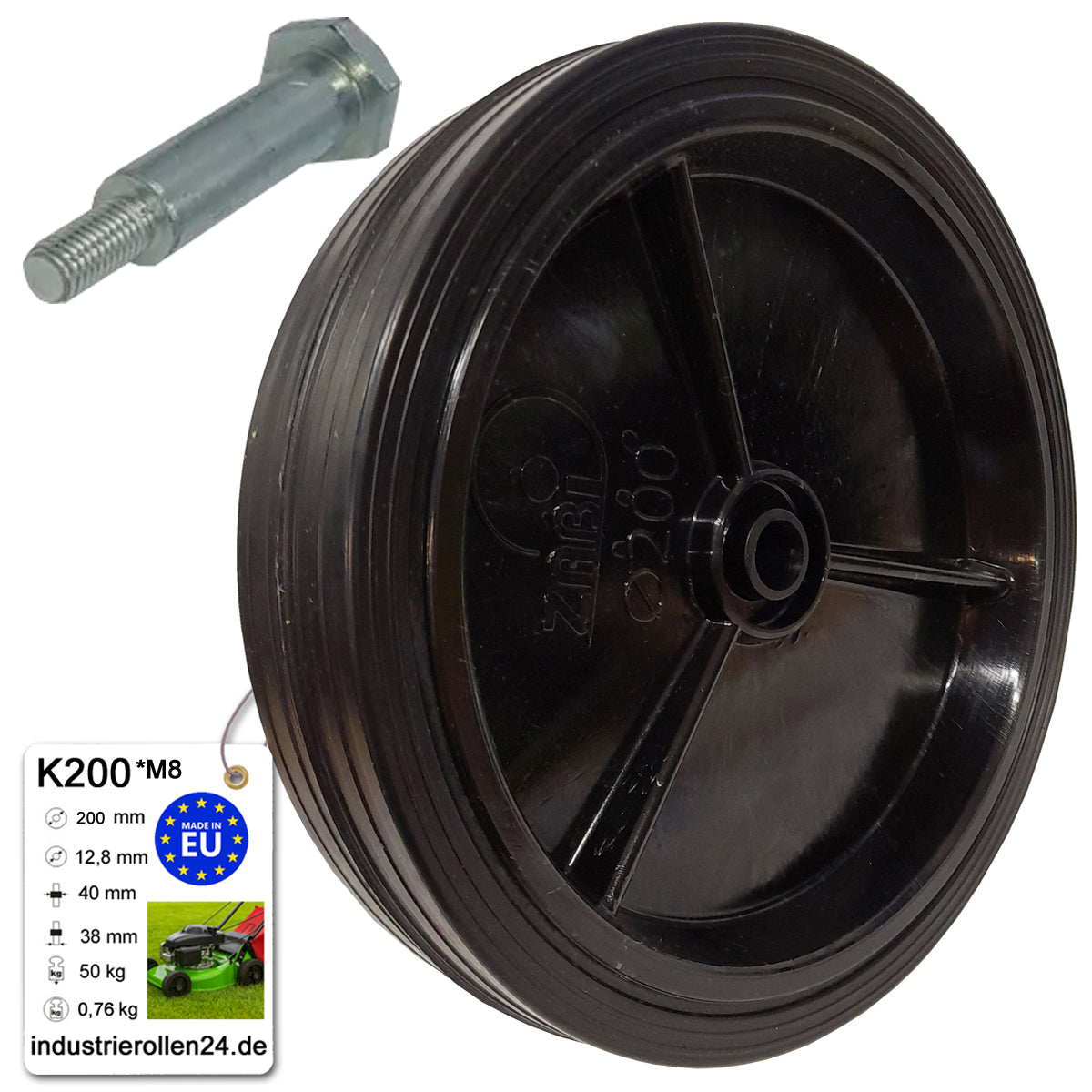 Rasenmäherrad 200 mm – Universal Ersatzrad aus Vollgummi + Montage-Set, Code: K200*M8