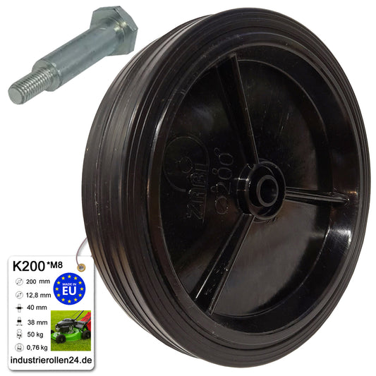 Rasenmäherrad 200 mm – Universal Ersatzrad aus Vollgummi + Montage-Set, Code: K200*M8