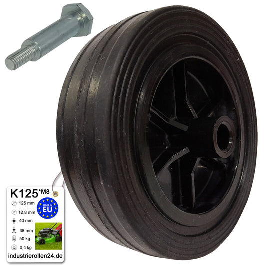 Rasenmäherrad 125 mm – Universal Ersatzrad aus Vollgummi + Montage-Set, Code: K125*M8