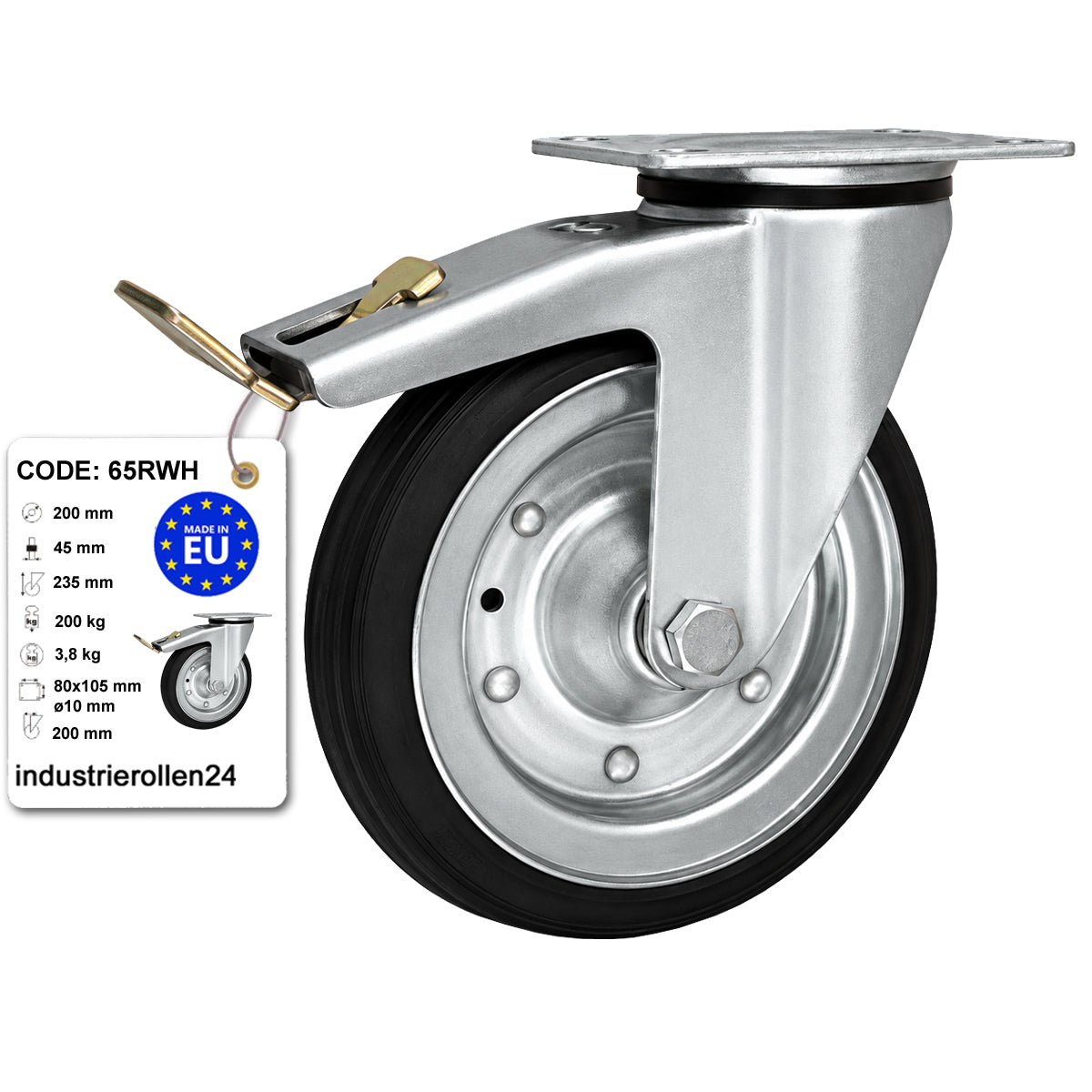 Metall-Gummiräder mit Befestigungsplatte und Bremse Lenkrolle Ø200 mm Code: 65RWH