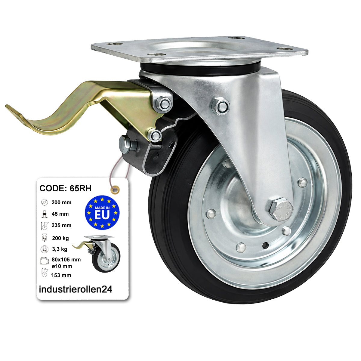 Metall-Gummiräder mit Befestigungsplatte und Bremse Lenkrolle Ø200 mm Code: 65RH
