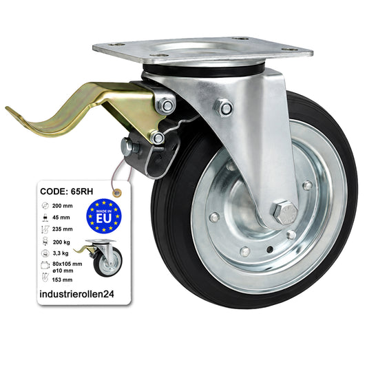 Metall-Gummiräder mit Befestigungsplatte und Bremse Lenkrolle Ø200 mm Code: 65RH
