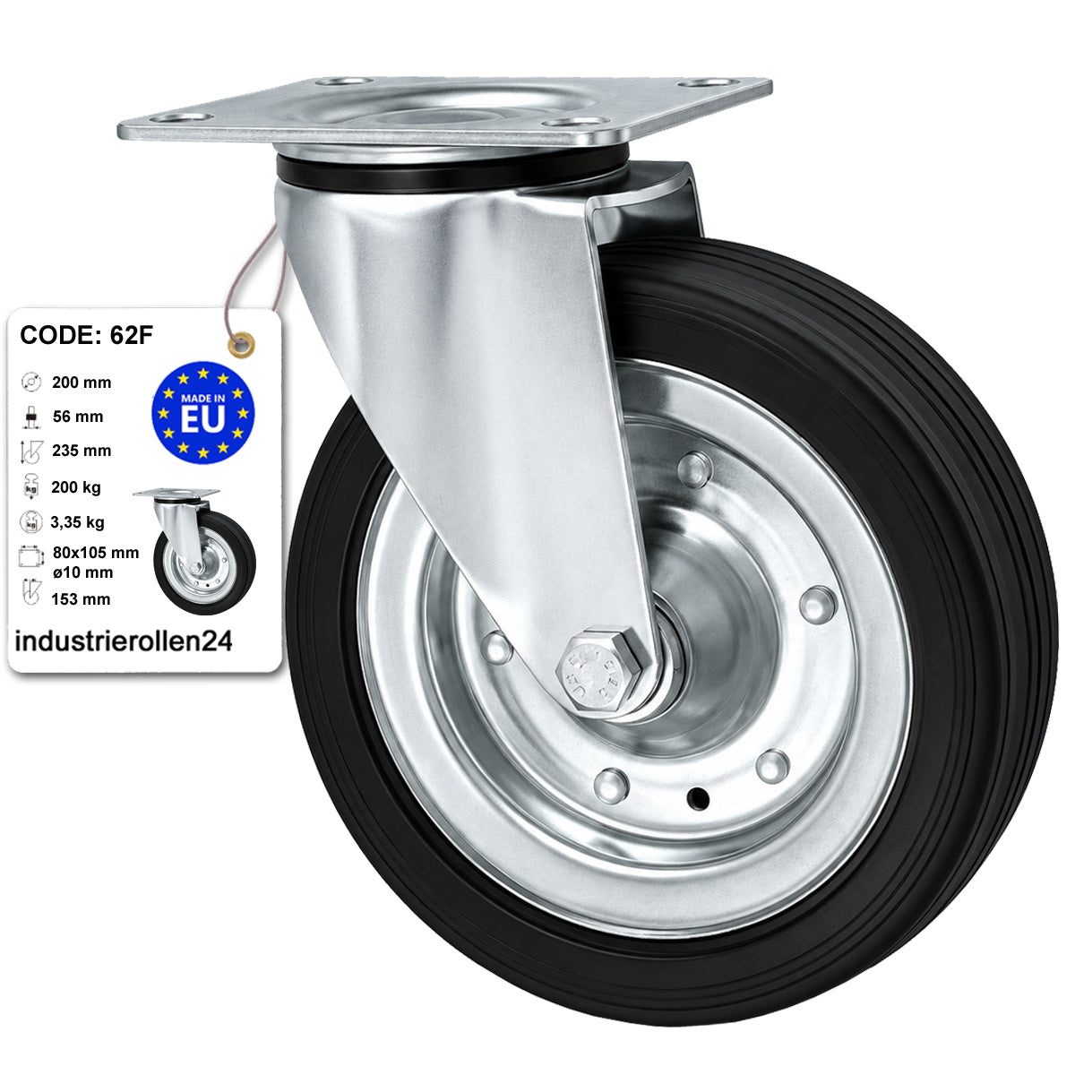 Metall-Gummiräder mit Befestigungsplatte Lenkrolle Ø200 mm mit Platte Code: 62F
