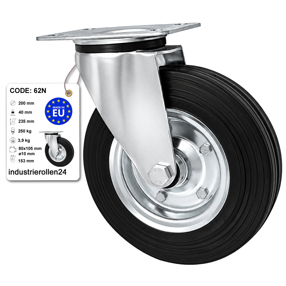 Metall-Gummiräder mit Befestigungsplatte Lenkrolle Ø200 mm mit Platte Code: 62N