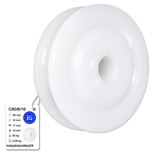 Seilrolle mit Gleitlager Ø80mm Polyamid Kunststoffrolle für Seil Ø6 mm C80/6/16