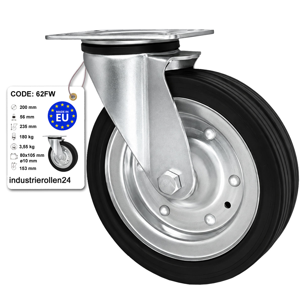 Metall-Gummiräder mit Befestigungsplatte Lenkrolle Ø200 mm mit Platte Code: 62FW