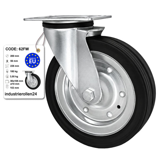 Metall-Gummiräder mit Befestigungsplatte Lenkrolle Ø200 mm mit Platte Code: 62FW
