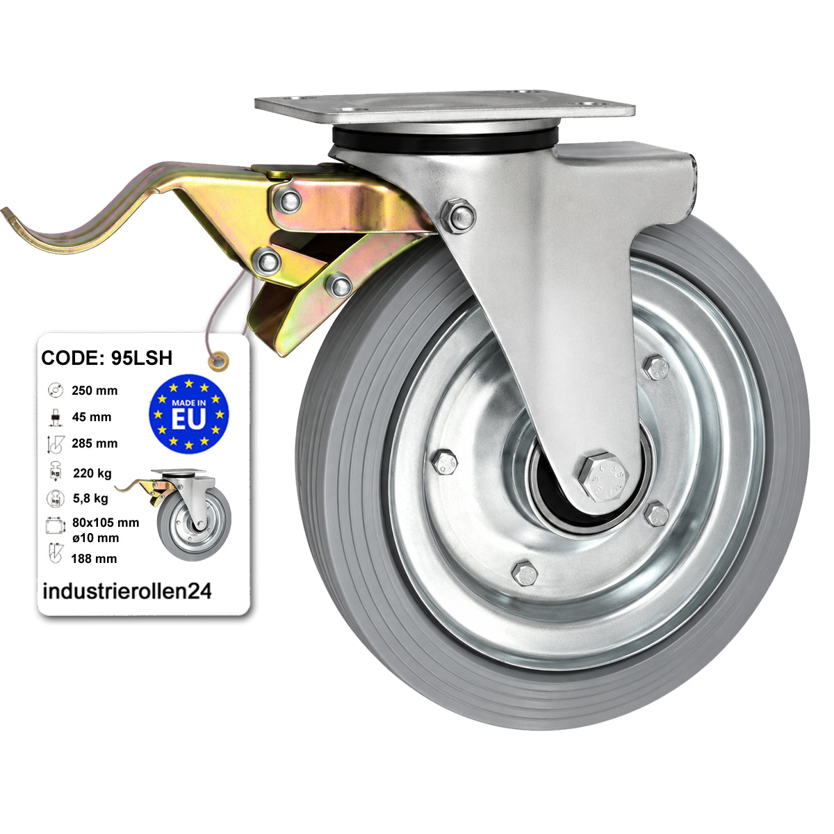 Metall-Gummiräder mit Befestigungsplatte und Bremse Lenkrolle Ø250 mm Code: 95LSH