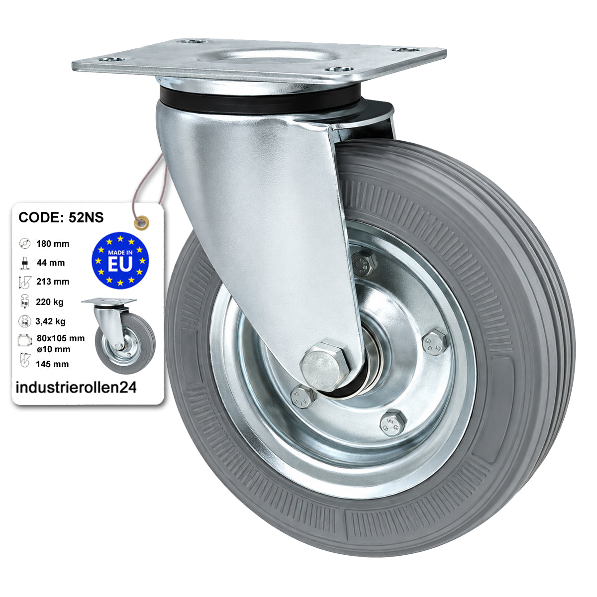 Metall-Gummiräder mit Befestigungsplatte Lenkrolle Ø180 mm mit Platte Code: 52NS