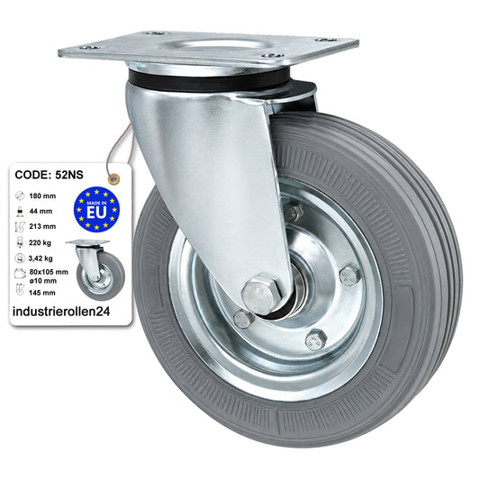 Metall-Gummiräder mit Befestigungsplatte Lenkrolle Ø180 mm mit Platte Code: 52NS