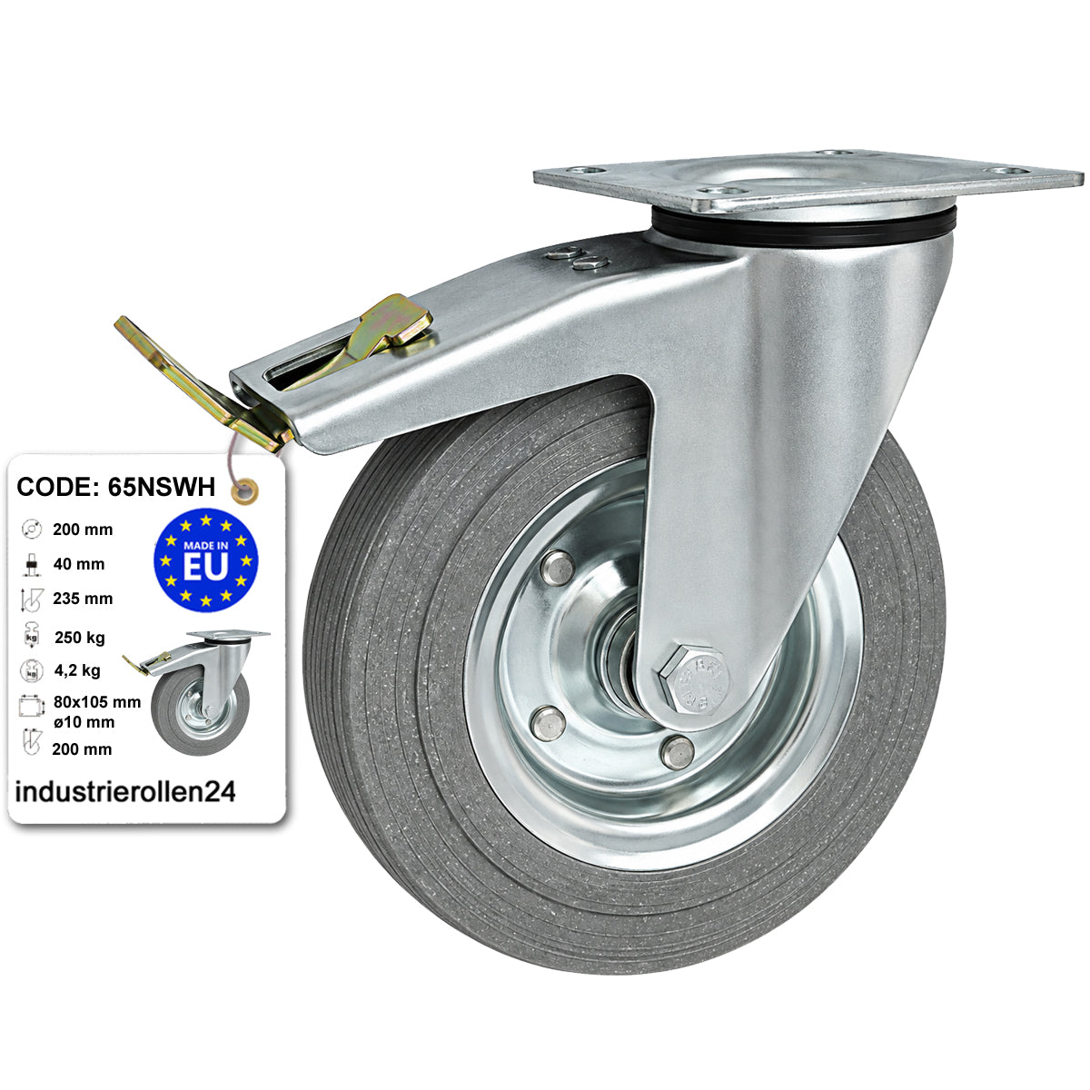 Metall-Gummiräder mit Befestigungsplatte und Bremse Lenkrolle Ø200 mm Code: 65NSWH