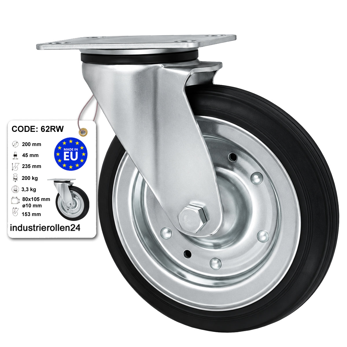 Metall-Gummiräder mit Befestigungsplatte Lenkrolle Ø200 mm mit Platte Code: 62RW