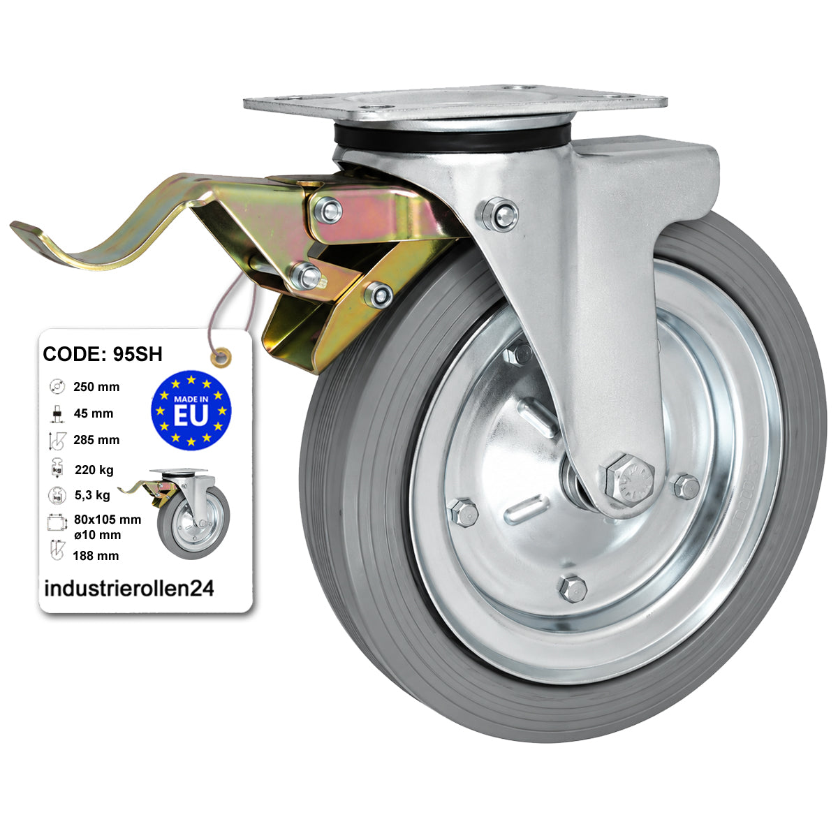 Metall-Gummiräder mit Befestigungsplatte und Bremse Lenkrolle Ø250 mm Code: 95SH
