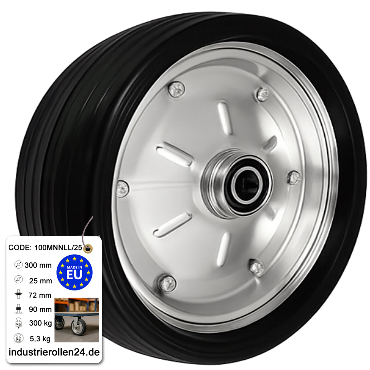 Ersatzrad Ø300 mm – Vollgummi Industrierad mit Kugellager für Transportwagen, Code: 100MNNLL/25