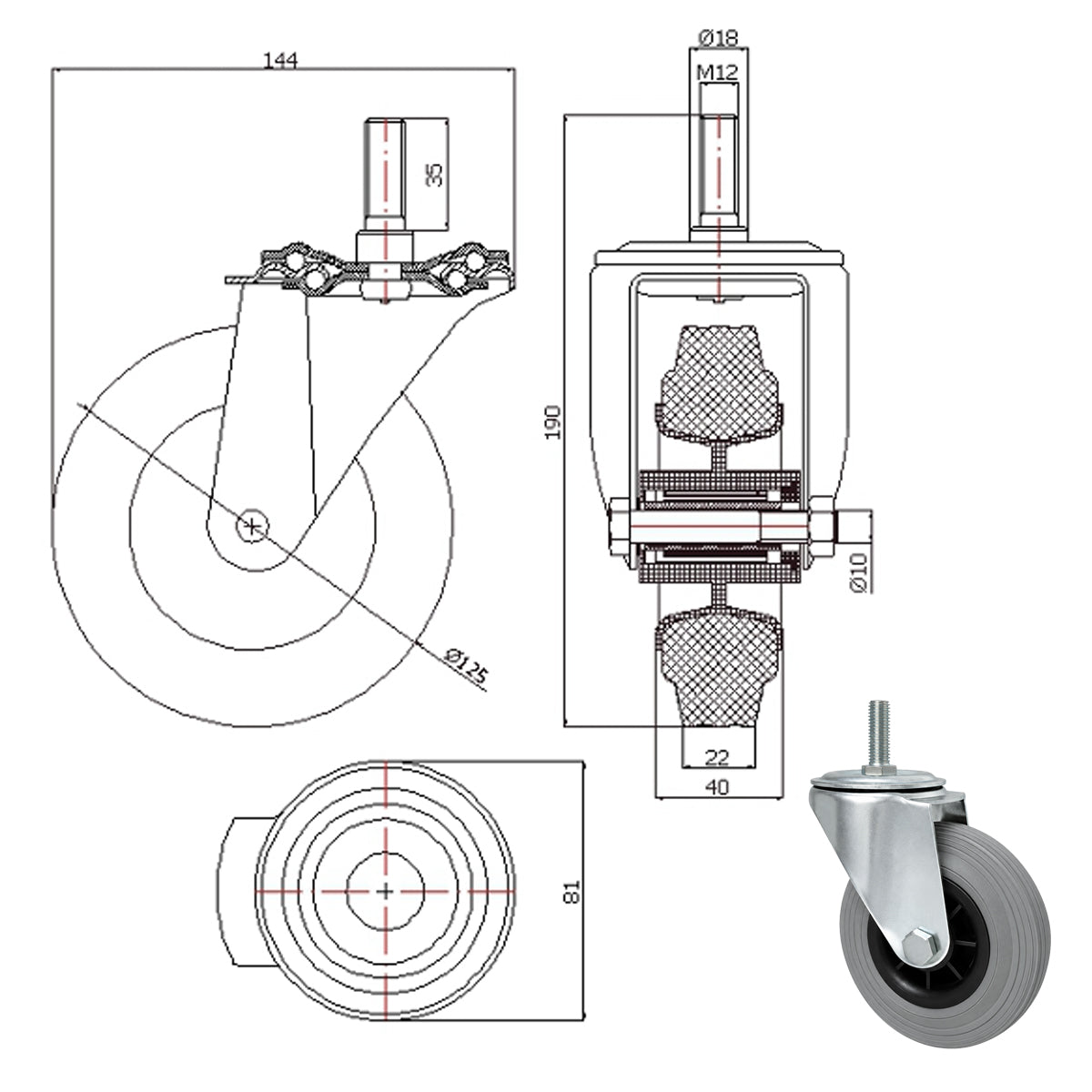 Kunststoff-Gummiräder mit Befestigungsstift Lenkrollen Ø125 mm Code: 24MTS9*M12