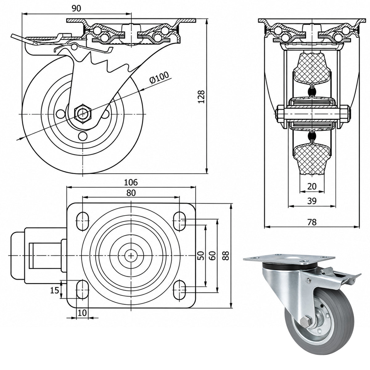 Metall-Gummiräder mit Befestigungsplatte und Bremse Lenkrolle Ø100 mm Code: 15SH