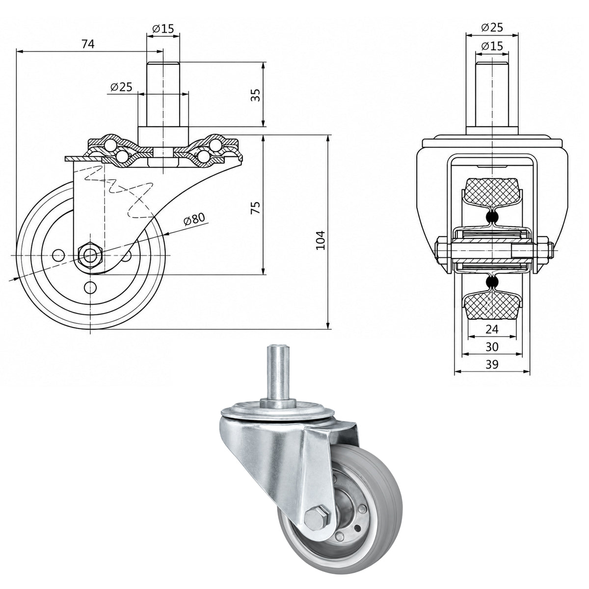 Metall-Gummiräder mit Befestigungsstift Lenkrollen Lenkrollen Ø80 mm Code: 5S*15