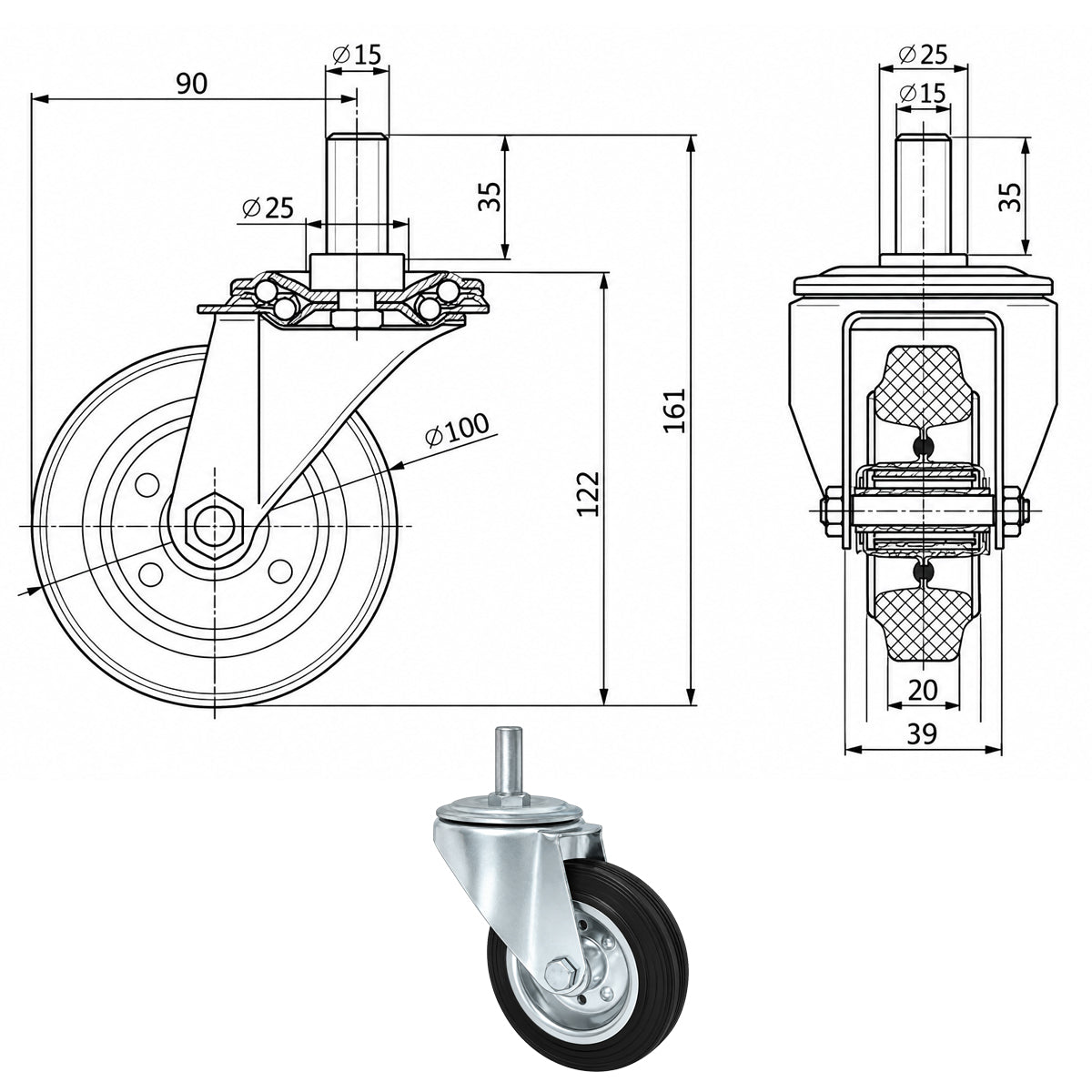 Metall-Gummiräder mit Befestigungsstift Lenkrollen Lenkrollen Ø100 mm Code: 14*15