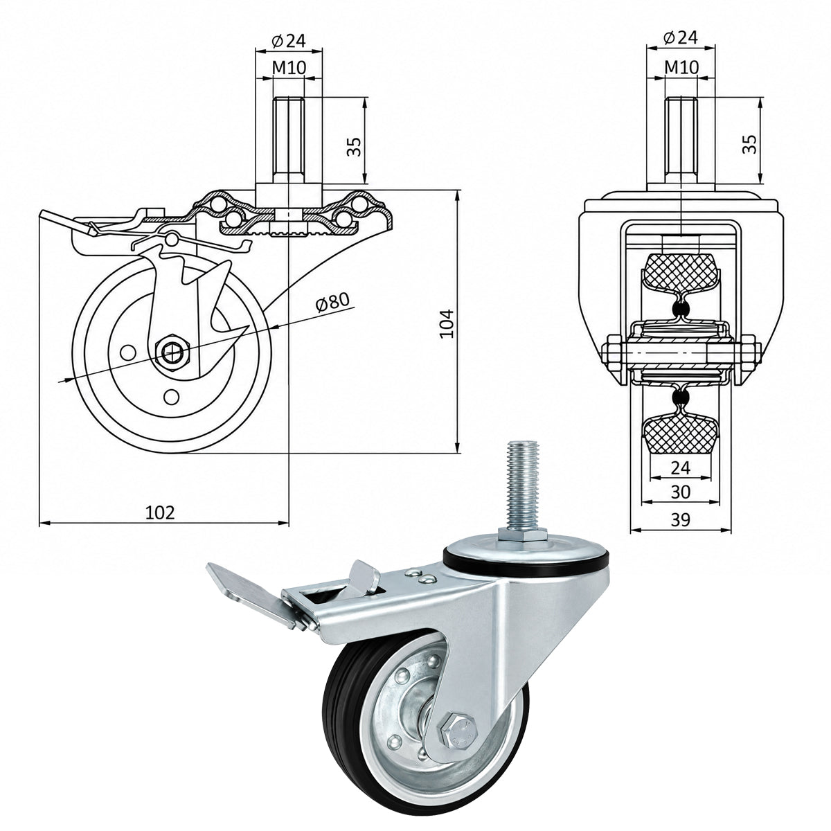 Metall-Gummiräder mit Befestigungsstift und Bremse Lenkrollen  Ø80 mm Code: 7H*M10