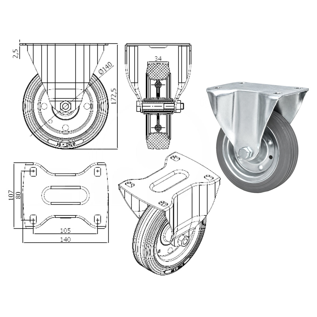 Metall-Gummiräder mit Platte Bockrolle Ø140 mm mit Platte Code: 33S