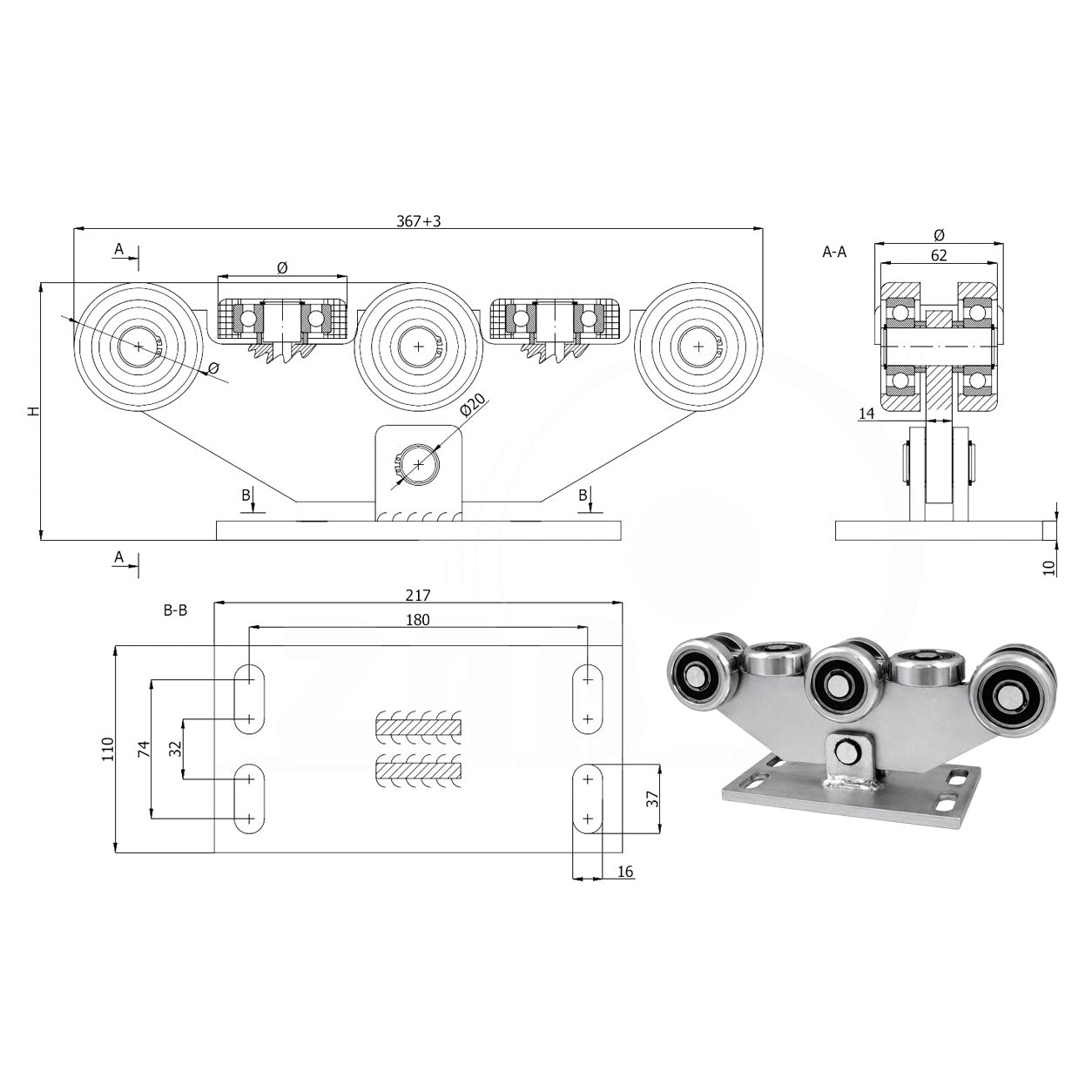 Torwagen für Schiebetore - für Profile 80 x 80 mm - Wandstärke 4 mm: W-8MM-80/4