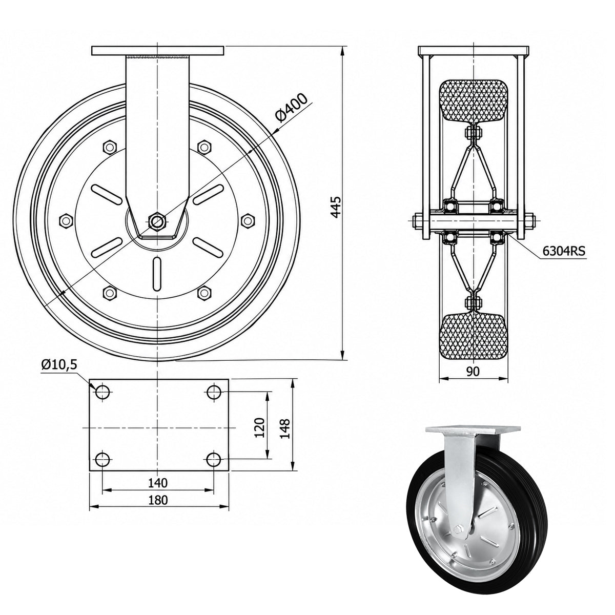 Metall-Gummiräder mit Platte Bockrolle Ø400 mm mit Platte Code: 4003LD