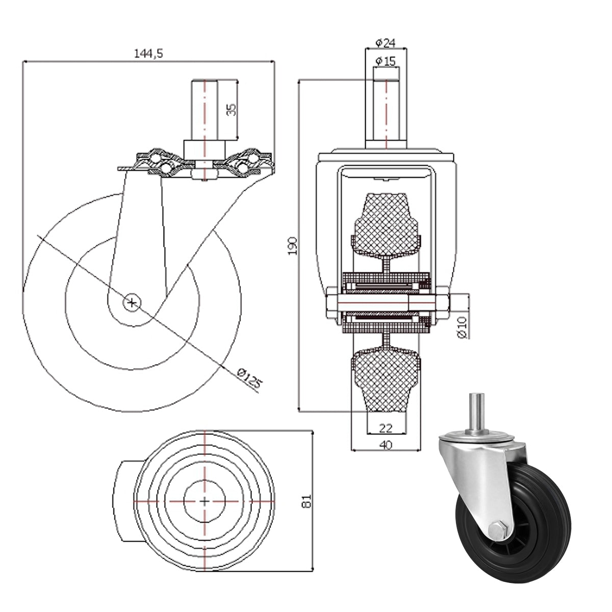 Kunststoff-Gummiräder mit Befestigungsstift Lenkrollen Ø125 mm Code: 24MT*15